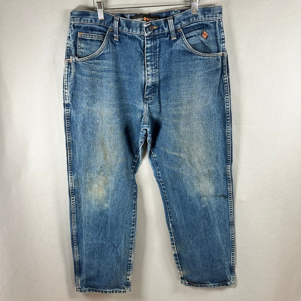 VTG Wrangler FR Jeans Mens W32 L28 Relaxed Fit Medium Blue Denim Workwear GUC